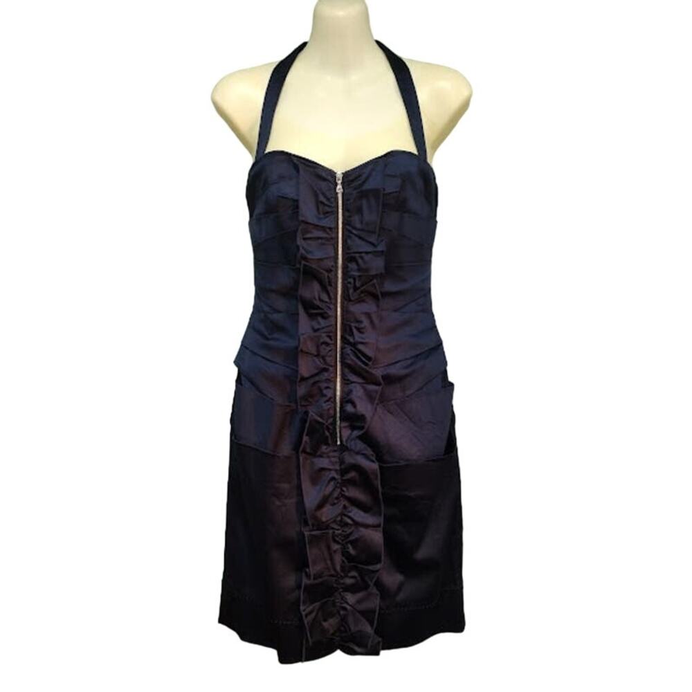Phoebe Couture Satin‎ Dress with Ruffles and Pockets, Navy, Size 4